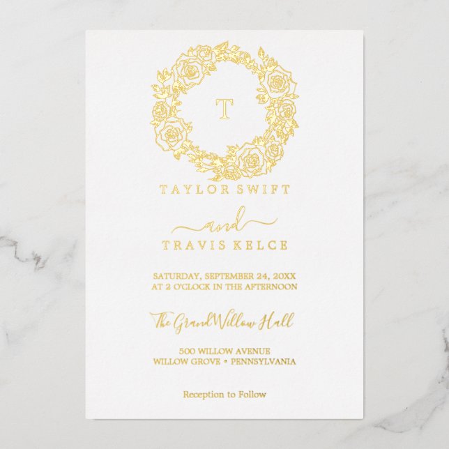 Minimalist Gold Foil | Emerald Monogram Wedding  Foil Invitation (Front)