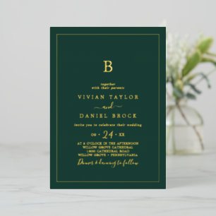 Minimalist Gold Foil   Emerald Monogram Wedding Invitation