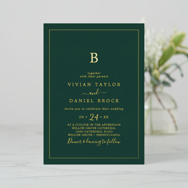 Minimalist Gold Foil | Emerald Monogram Wedding Invitation (Standing Front)