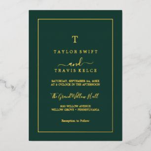 Minimalist Gold Foil Emerald Monogram Wedding Invitation