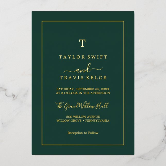 Minimalist Gold Foil | Emerald Monogram Wedding  Invitation (Front)
