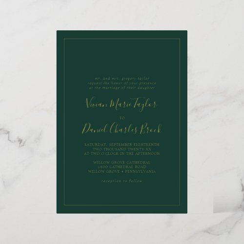 Minimalist Gold Foil  Emerald Traditional Wedding Foil Invitation