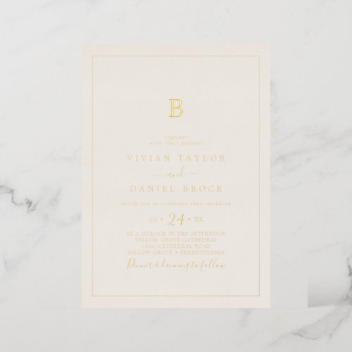 Minimalist Gold Foil  Ivory Monogram Wedding Foil Invitation