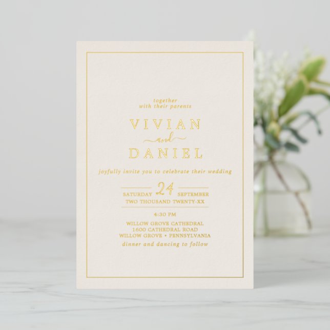 Minimalist Gold Foil | Ivory Styled Date Wedding Foil Invitation (Standing Front)