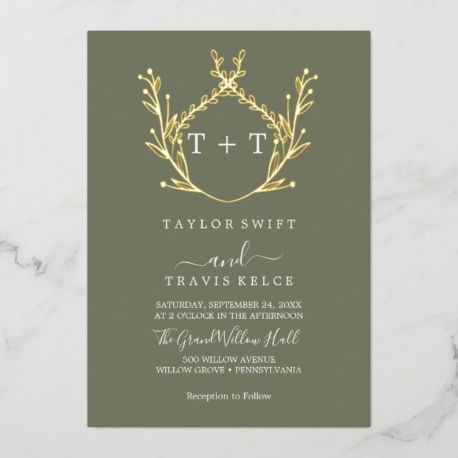 Minimalist Gold Foil Leaf Dark Green Monogram Wedd Invitation (Front)