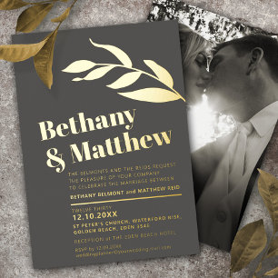 Minimalist gold foil leaves on gray brown wedding invitation