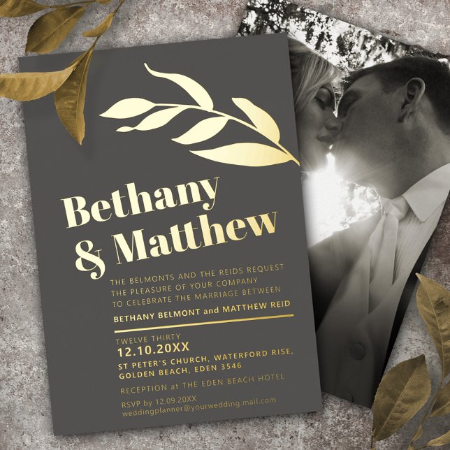 Minimalist gold foil leaves on gray brown wedding invitation (Creator Uploaded)