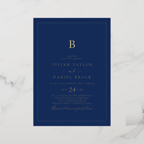 Minimalist Gold Foil  Navy Blue Monogram Wedding Foil Invitation