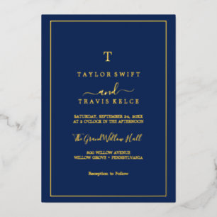 Minimalist Gold Foil   Navy Blue Monogram Wedding  Invitation