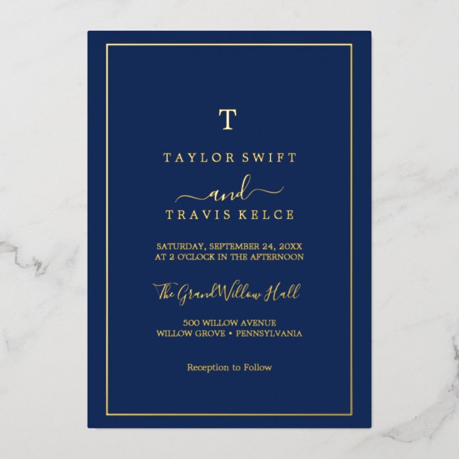 Minimalist Gold Foil | Navy Blue Monogram Wedding  Invitation (Front)