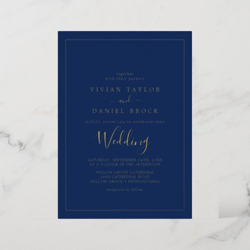 Minimalist Gold Foil  Navy Blue Wedding Foil Invitation