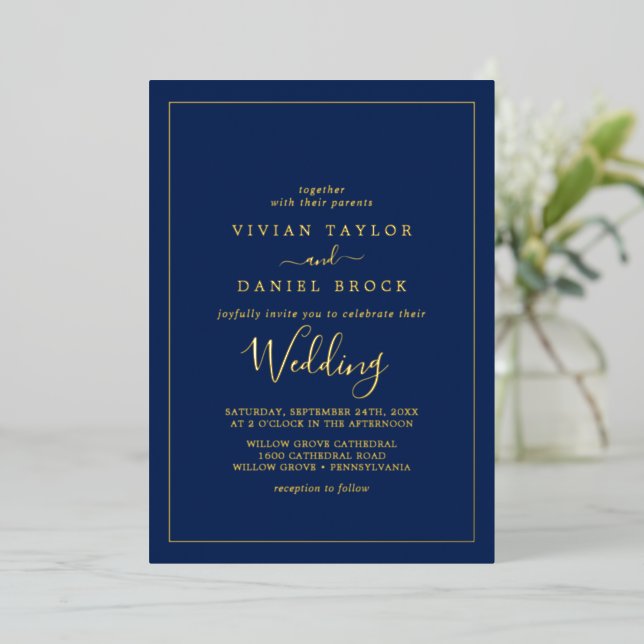 Minimalist Gold Foil | Navy Blue Wedding Foil Invitation (Standing Front)