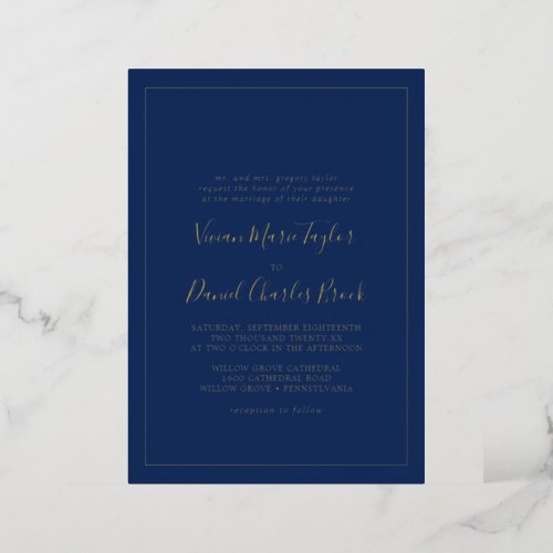 Minimalist Gold Foil  Navy Traditional Wedding Foil Invitation