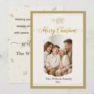 Minimalist Gold Foil Pinecone Script Photo Holiday Card