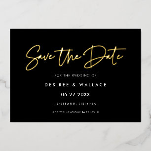 Minimalist Gold Foil Save the Date Black Card