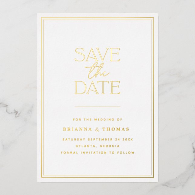 Minimalist Gold Foil Save the Date Invitation (Front)