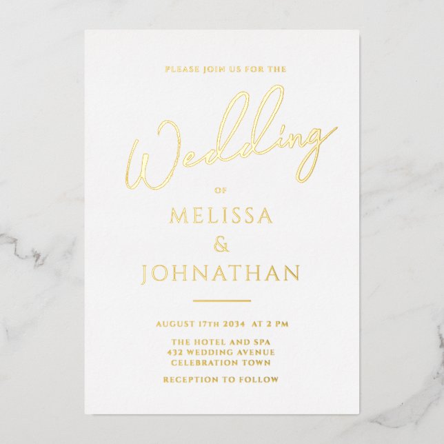 Minimalist Gold Foil Script Clean Elegant Wedding Foil Invitation (Front)