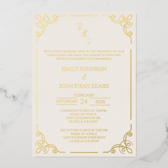 Minimalist gold foil wedding invitation (Front)