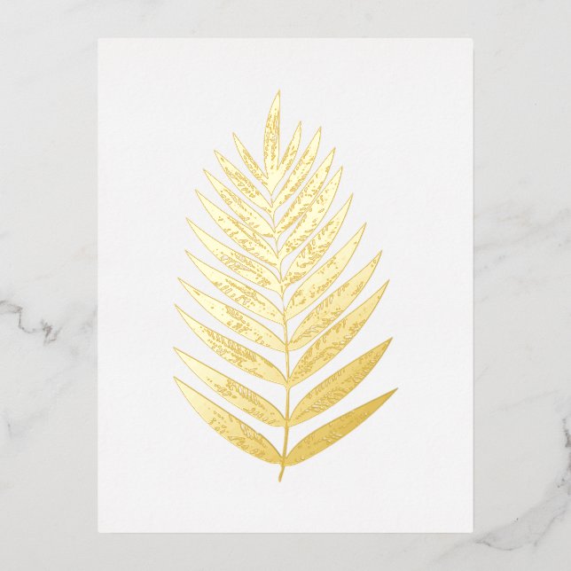 Minimalist Gold Foil White Fern Drawing Postcard (Front)