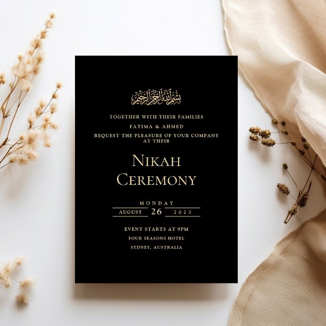 Minimalist Gold Formal Script Black Nikah Ceremony Invitation (Creator Uploaded)