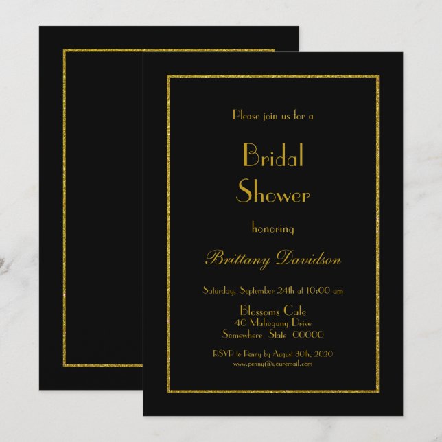Minimalist Gold Frame Black Bridal Shower Invitation (Front/Back)