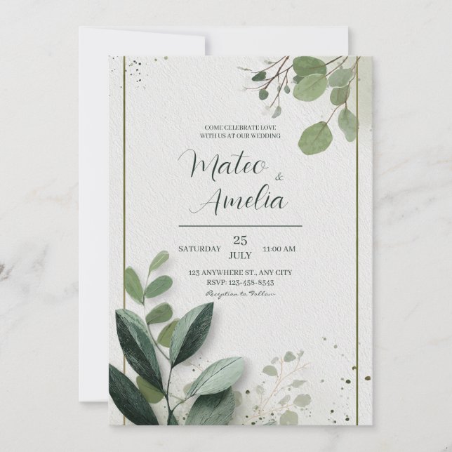 Minimalist Gold Frame Eucalyptus Greenery Wedding Invitation (Front)
