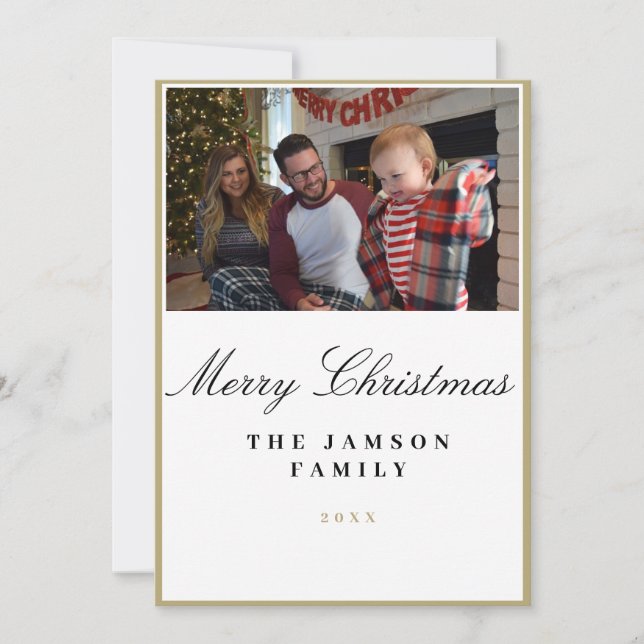Minimalist Gold Frame Family Christmas Photo Card (Front)
