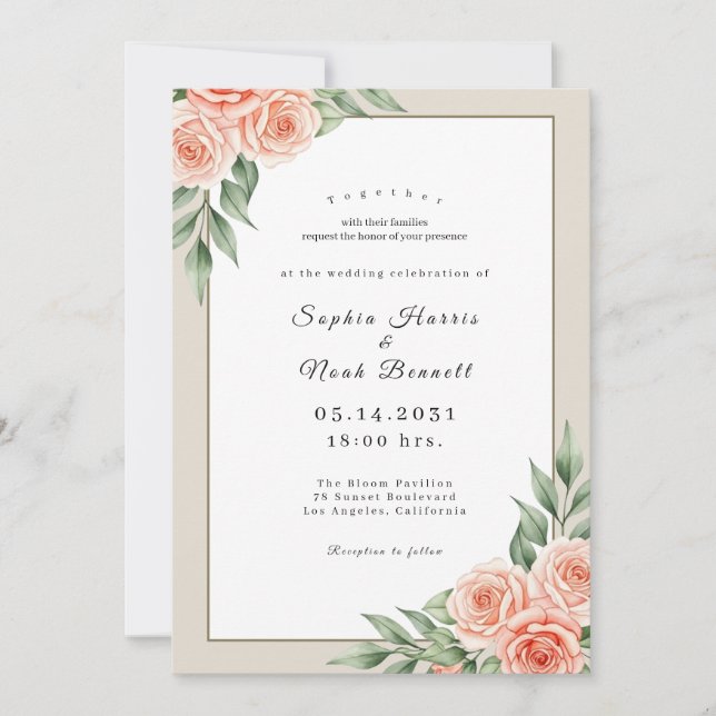 Minimalist Gold Frame Floral Wedding Invitation (Front)