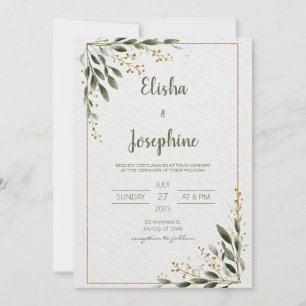 Minimalist Gold Frame Greenery Corner Wedding Invitation