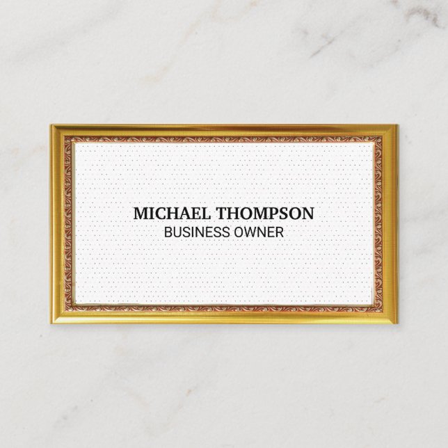 Minimalist Gold Frame Polka Dots Business Card (Front)