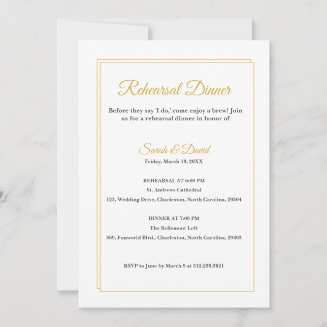 Minimalist Gold Frame Script Rehearsal Dinner Card (Front)