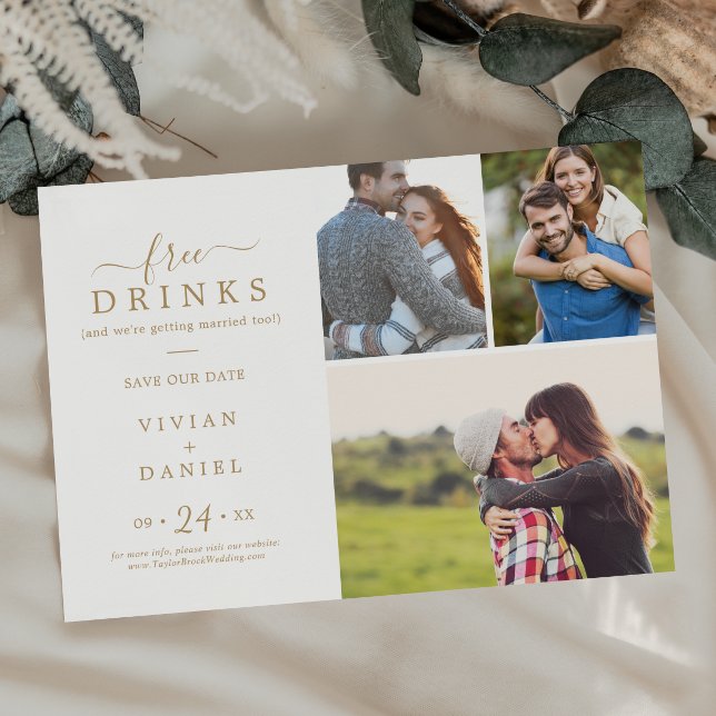 Minimalist Gold Free Drinks 3 Photo Collage Save The Date