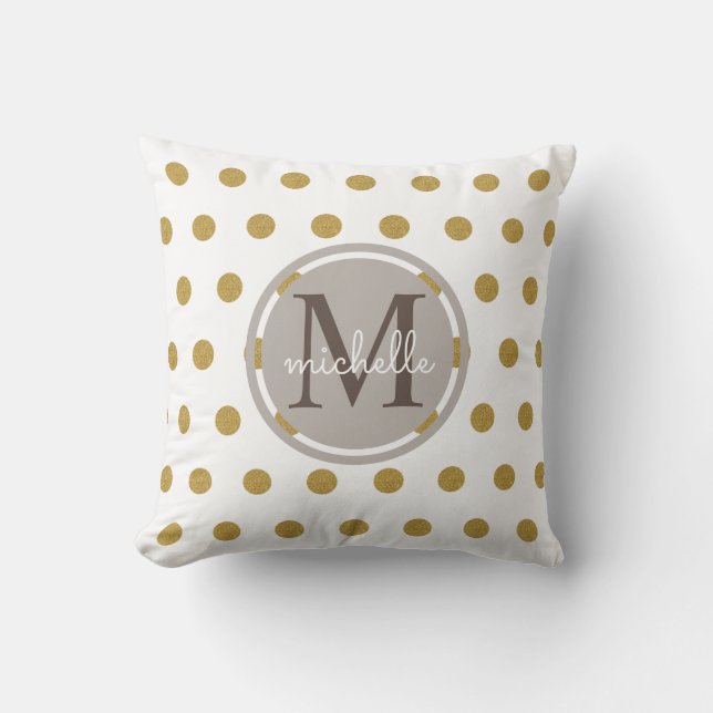 Minimalist Gold Glitter and Gray Monogram Throw Pillow (Front)