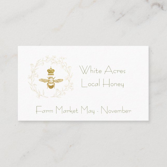 Minimalist Gold-Glitter Bee and Crown Business Card (Front)