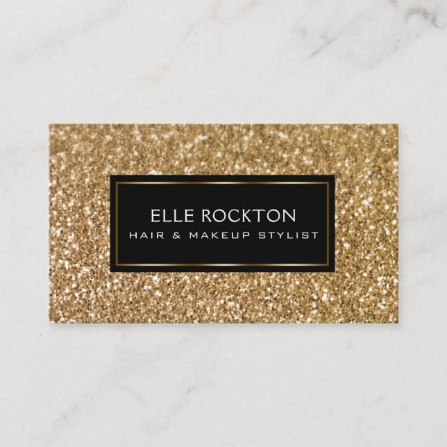Minimalist Gold Glitter Bokeh Lights Frame Black Business Card (Front)