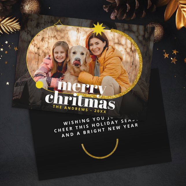 Minimalist Gold Glitter Christmas Family Photo Holiday Card (Creator Uploaded)