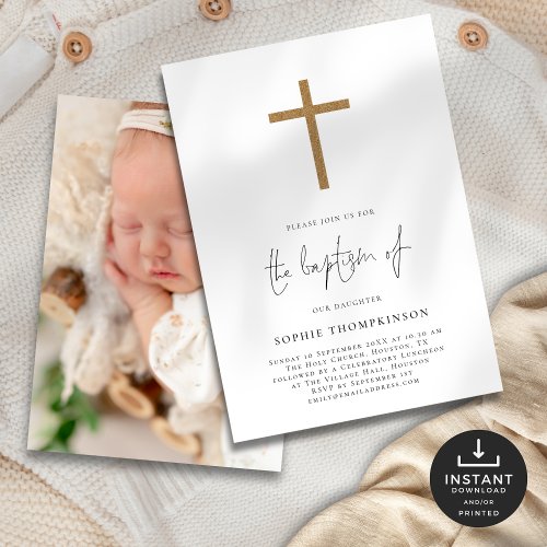 Minimalist Gold Glitter Cross Photo Baptism Invitation