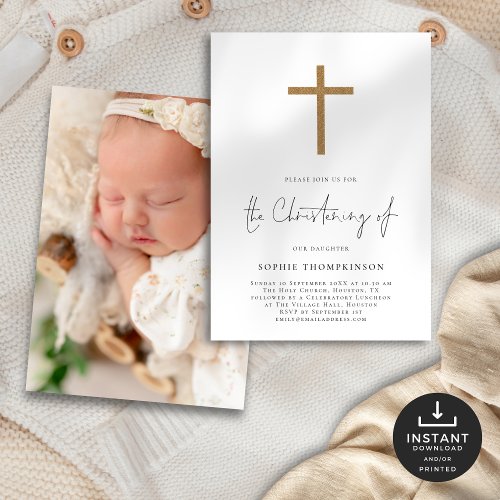 Minimalist Gold Glitter Cross Photo Christening  Invitation