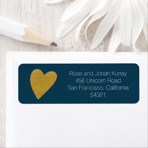 Minimalist Gold Glitter Heart Blue Return Address Label