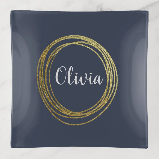 Minimalist Gold Glitter Navy Blue Personalized Trinket Tray (Front)