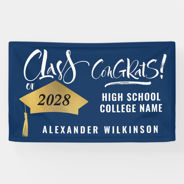 Minimalist Gold Grad Cap Stylish Script Graduation Banner (Horizontal)