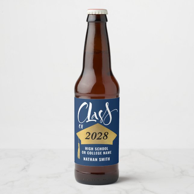 Minimalist Gold Grad Cap Stylish Script Graduation Beer Bottle Label (Front)