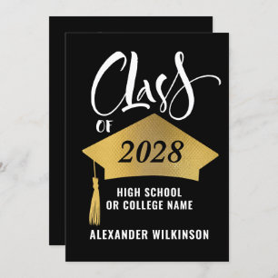 Minimalist Gold Grad Cap Stylish Script Graduation Invitation