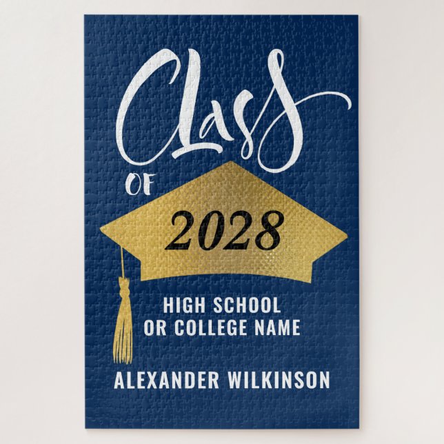 Minimalist Gold Grad Cap Stylish Script Graduation Jigsaw Puzzle (Vertical)