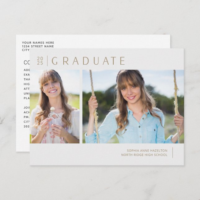 Minimalist Gold & Gray Two Photo Graduation Party Postcard (Front/Back)