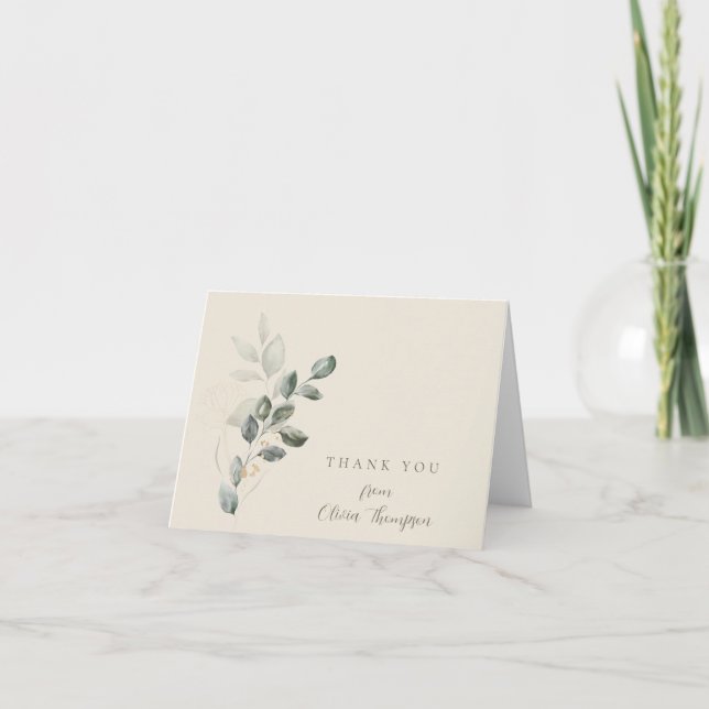 Minimalist Gold Greenery Baby Shower Thank You Card (Front)