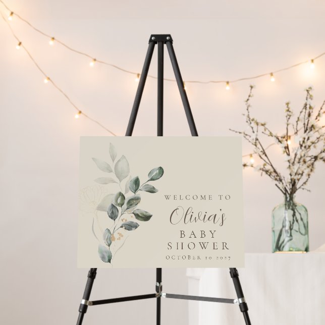 Minimalist Gold Greenery Baby Shower Welcome Sign (In Situ (Stand))