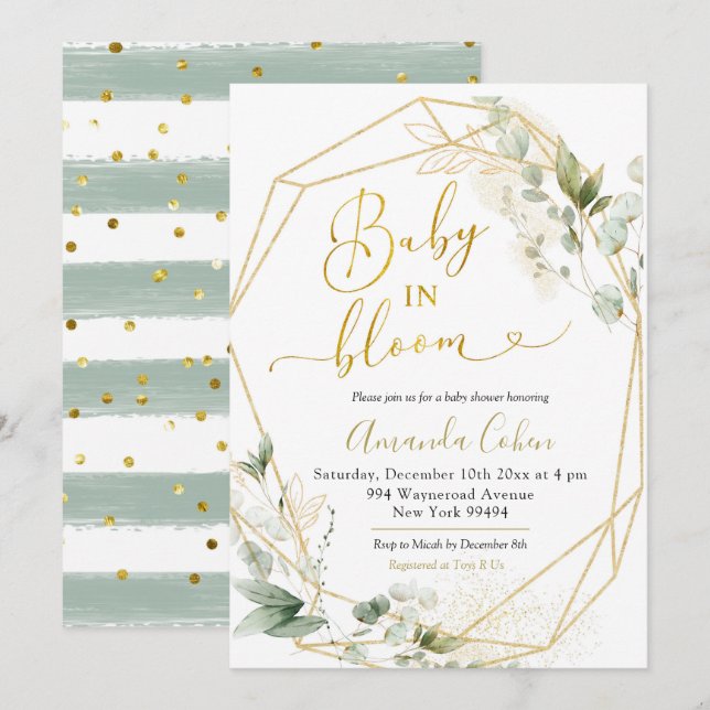 Minimalist Gold Greenery Geometric Baby in Bloom Invitation (Front/Back)