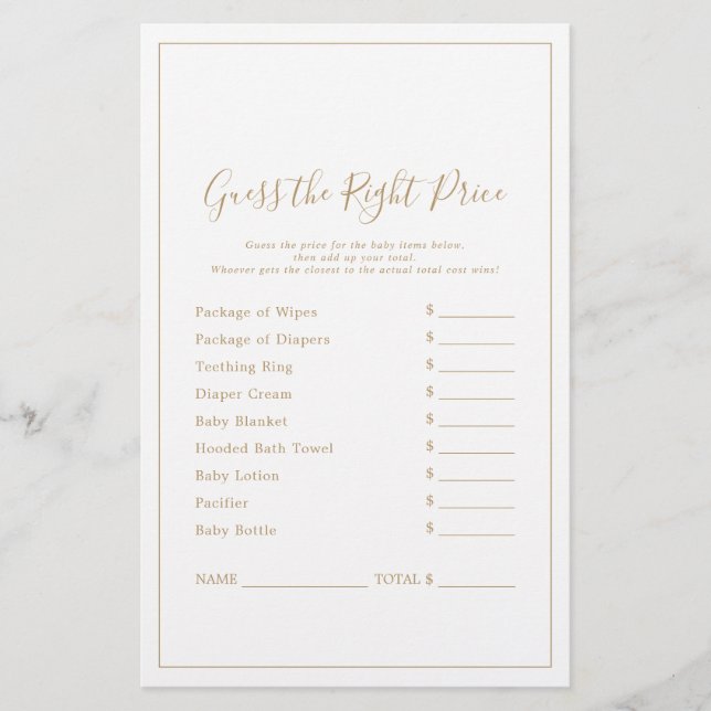 Minimalist Gold Guess the Right Price Game (Front)