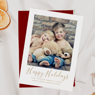 Minimalist Gold Happy Holidays Portrait Photo Holiday Card